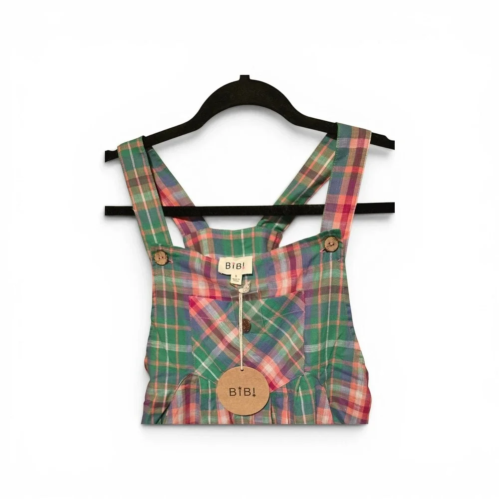 BIBI Womens Green Pink Plaid Cotton Wide Leg Overalls Jumpsuit IB1130J-26 New